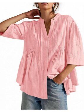 Cicy Bell Pink Textured Babydoll Blouse Women's XXL Button Front Boho Top